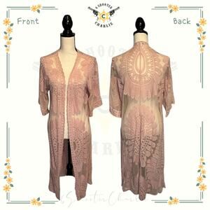 Rebellion Again Pink Sheer Floral Lace Long Open Front Cover Up Womens Sz Medium